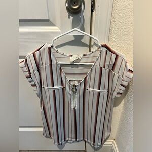 Striped V-Neck Blouse with Zipper